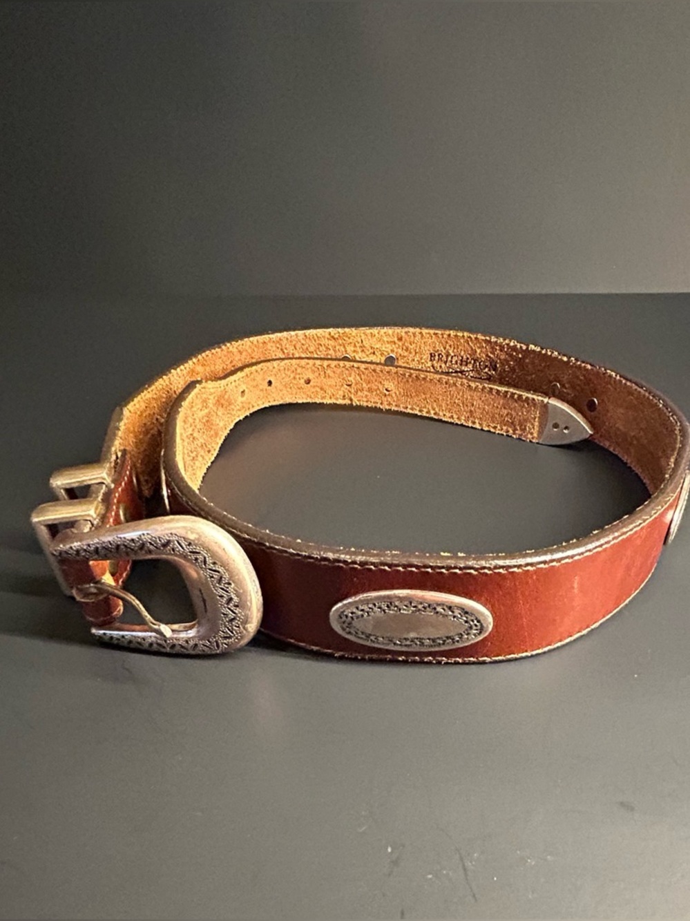 Vintage Brighton Leather Western Belt in Brown with Silver Accents